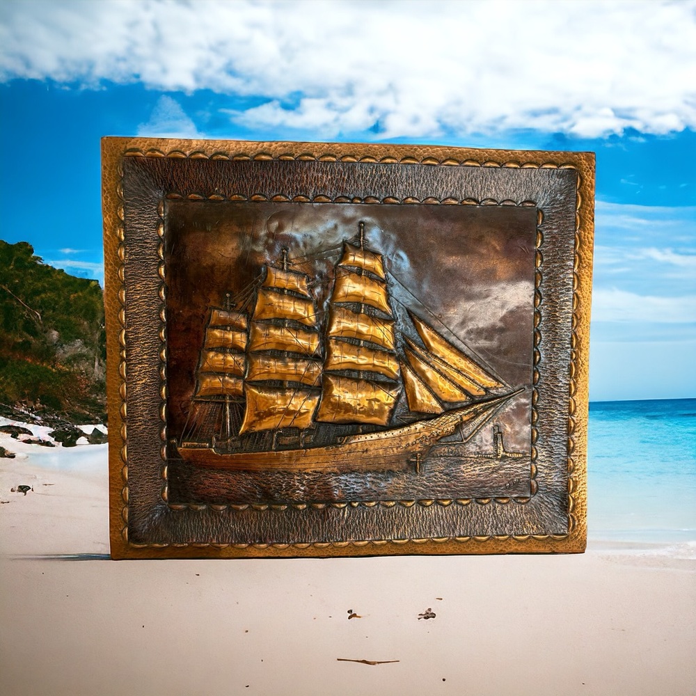 Hammered 3 Mast Sailboat Ship Copper Metal Relief 3D Wall Art. Artist Signed